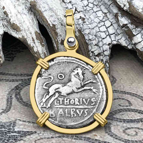 Roman Republic Silver Denarius 105 BC Juno and the Bull 14K Gold Pendant