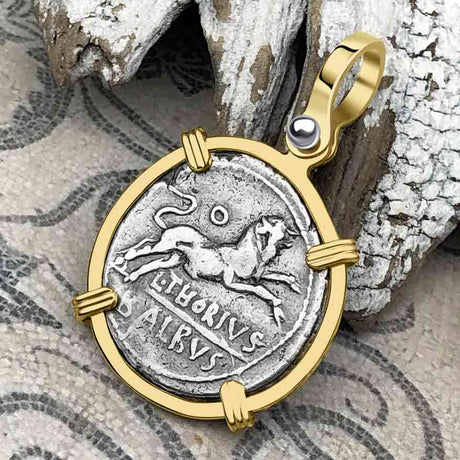 Roman Republic Silver Denarius 105 BC Juno and the Bull 14K Gold Pendant