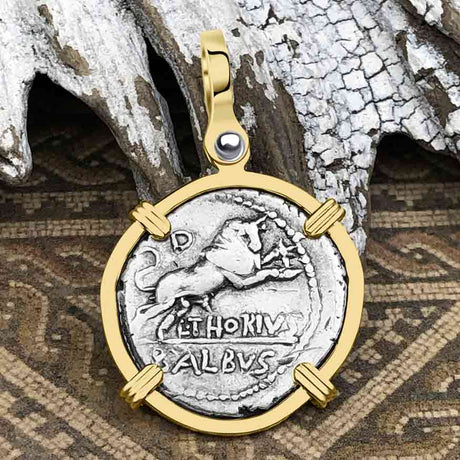 Roman Republic Silver Denarius 105 BC Juno and the Bull 14K Gold Pendant