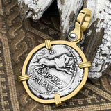 Roman Republic Silver Denarius 105 BC Juno and the Bull 14K Gold Pendant