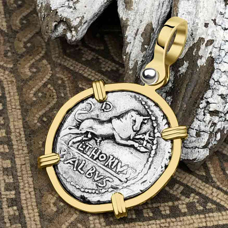 Roman Republic Silver Denarius 105 BC Juno and the Bull 14K Gold Pendant