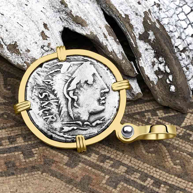 Roman Republic Silver Denarius 105 BC Juno and the Bull 14K Gold Pendant