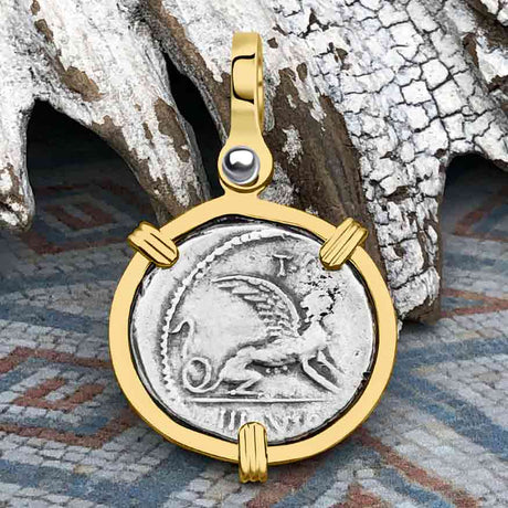 Roman Republic Silver Denarius 46 BC the Sphinx & the Prophetess 14K Gold Pendant