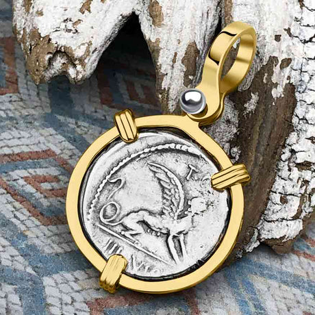 Roman Republic Silver Denarius 46 BC the Sphinx & the Prophetess 14K Gold Pendant