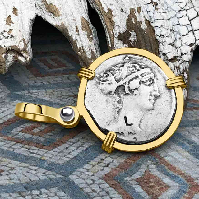 Roman Republic Silver Denarius 46 BC the Sphinx & the Prophetess 14K Gold Pendant
