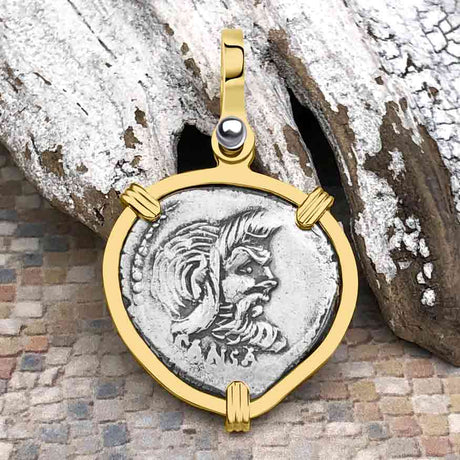 Roman Republic Silver Denarius 48 BC Pan and Jupiter 14K Gold Pendant
