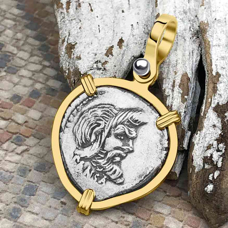 Roman Republic Silver Denarius 48 BC Pan and Jupiter 14K Gold Pendant