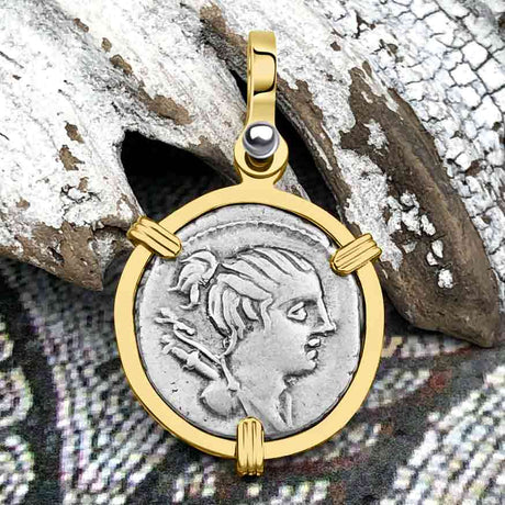 Roman Republic Silver Denarius 73 BC Diana & the Hound 14K Gold Pendant