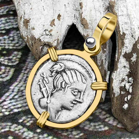 Roman Republic Silver Denarius 73 BC Diana & the Hound 14K Gold Pendant