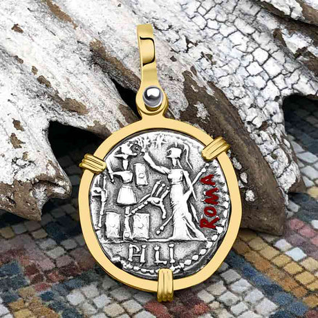 Roman Republic Silver Denarius 119 BC Janus - the God of Beginnings, Change and Endings 14K Gold Pendant