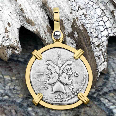 Roman Republic Silver Denarius 119 BC Janus - the God of Beginnings, Change and Endings 14K Gold Pendant