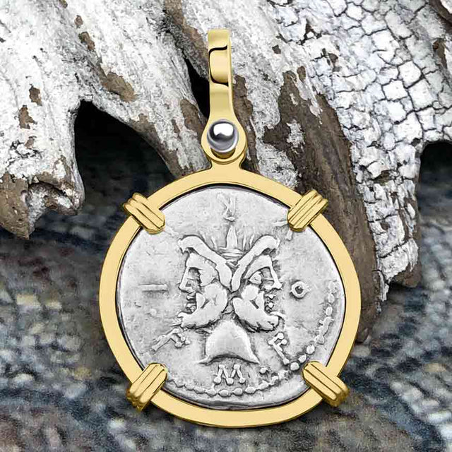 Roman Republic Silver Denarius 119 BC Janus - the God of Beginnings, Change and Endings 14K Gold Pendant