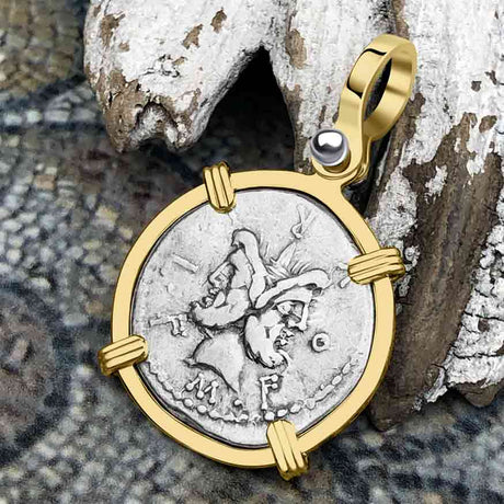 Roman Republic Silver Denarius 119 BC Janus - the God of Beginnings, Change and Endings 14K Gold Pendant