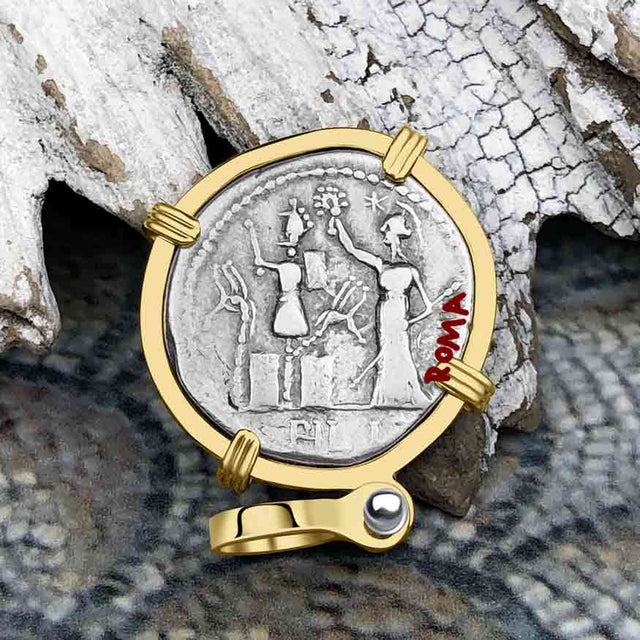Roman Republic Silver Denarius 119 BC Janus - the God of Beginnings, Change and Endings 14K Gold Pendant