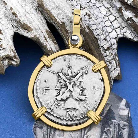 Roman Republic Silver Denarius 119 BC Janus - the God of Beginnings, Change and Endings 14K Gold Pendant