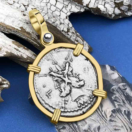 Roman Republic Silver Denarius 119 BC Janus - the God of Beginnings, Change and Endings 14K Gold Pendant
