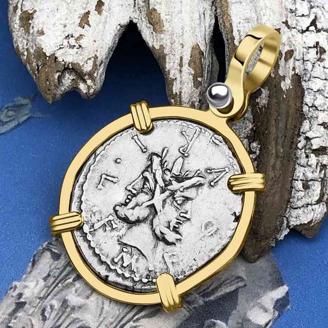 Roman Republic Silver Denarius 119 BC Janus - the God of Beginnings, Change and Endings 14K Gold Pendant