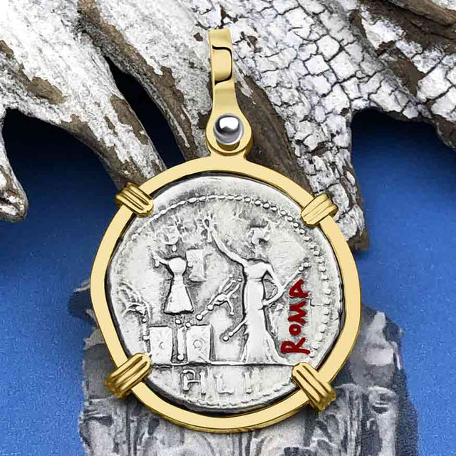 Roman Republic Silver Denarius 119 BC Janus - the God of Beginnings, Change and Endings 14K Gold Pendant