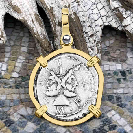 Roman Republic Silver Denarius 119 BC Janus - the God of Beginnings, Change and Endings 14K Gold Pendant