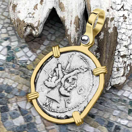 Roman Republic Silver Denarius 119 BC Janus - the God of Beginnings, Change and Endings 14K Gold Pendant