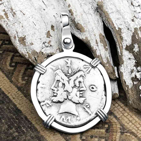 Roman Republic Silver Denarius 119 BC Janus - the God of Beginnings, Change and Endings 14K White Gold Pendant