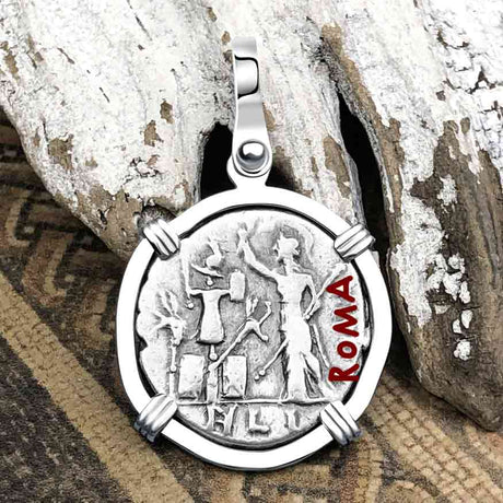 Roman Republic Silver Denarius 119 BC Janus - the God of Beginnings, Change and Endings 14K White Gold Pendant