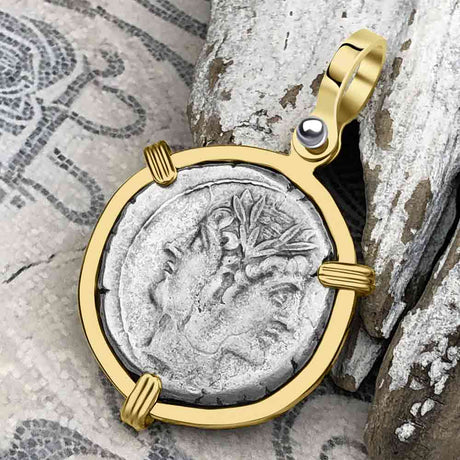 Roman Republic Rare Silver Quadrigatus 225 BC Janus, the God of Beginnings, Change and Endings 14K Gold Pendant
