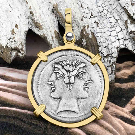Roman Republic Rare Silver Quadrigatus 225 BC Janus, the God of Beginnings, Change and Endings 14K Gold Pendant