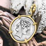 Roman Republic Rare Silver Quadrigatus 225 BC Janus, the God of Beginnings, Change and Endings 14K Gold Pendant