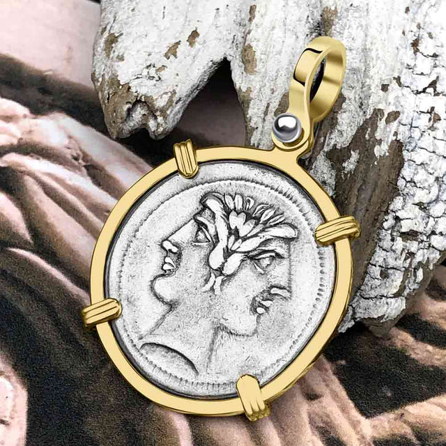 Roman Republic Rare Silver Quadrigatus 225 BC Janus, the God of Beginnings, Change and Endings 14K Gold Pendant