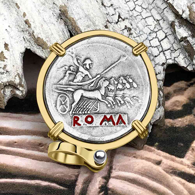 Roman Republic Rare Silver Quadrigatus 225 BC Janus, the God of Beginnings, Change and Endings 14K Gold Pendant