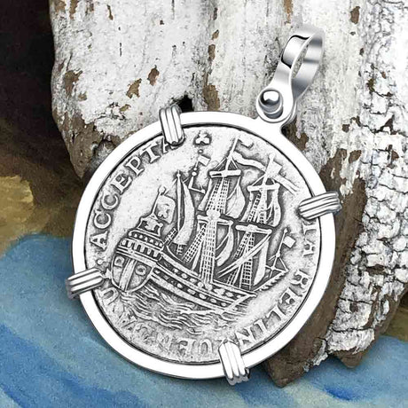Dutch East India Company 1761 Silver 6 Stuiver Ship Shilling "I Struggle and Survive" Sterling Silver Pendant