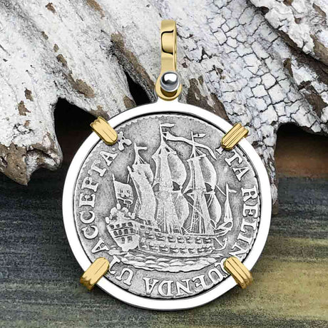 Dutch East India Company 1773 Silver 6 Stuiver Ship Shilling "I Struggle and Survive" 14K Gold & Sterling Silver Pendant