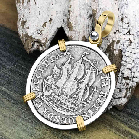 Dutch East India Company 1773 Silver 6 Stuiver Ship Shilling "I Struggle and Survive" 14K Gold & Sterling Silver Pendant