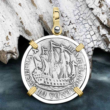 Dutch East India Company 1766 Silver 6 Stuiver Ship Shilling "I Struggle and Survive" 14K Gold & Sterling Silver Pendant
