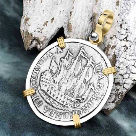 Dutch East India Company 1766 Silver 6 Stuiver Ship Shilling "I Struggle and Survive" 14K Gold & Sterling Silver Pendant