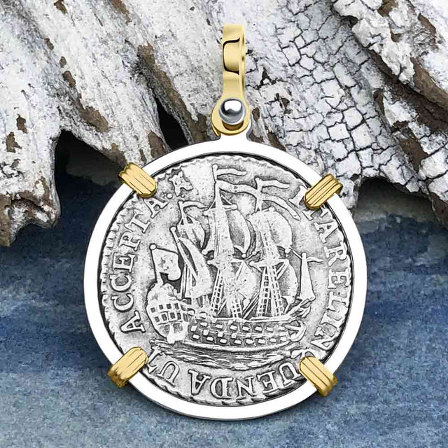 Dutch East India Company 1791 Silver 6 Stuiver Ship Shilling "I Struggle and Survive" 14K Gold & Sterling Silver Pendant 
