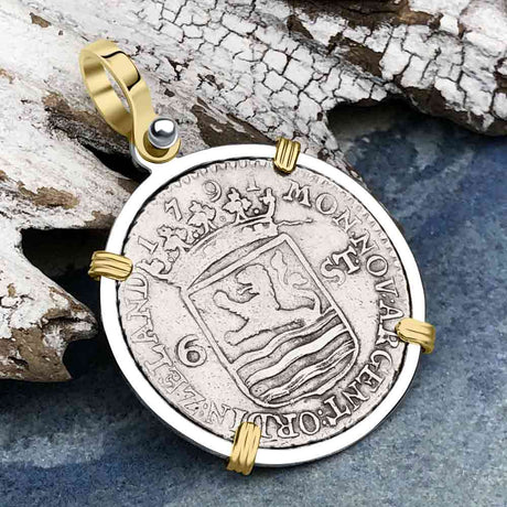 Dutch East India Company 1791 Silver 6 Stuiver Ship Shilling "I Struggle and Survive" 14K Gold & Sterling Silver Pendant 