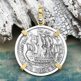 Dutch East India Company 1791 Silver 6 Stuiver Ship Shilling "I Struggle and Survive" 14K Gold & Sterling Silver Pendant