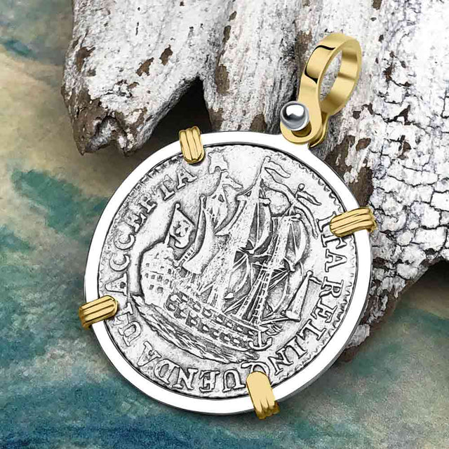 Dutch East India Company 1791 Silver 6 Stuiver Ship Shilling "I Struggle and Survive" 14K Gold & Sterling Silver Pendant