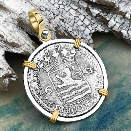 Dutch East India Company 1791 Silver 6 Stuiver Ship Shilling "I Struggle and Survive" 14K Gold & Sterling Silver Pendant