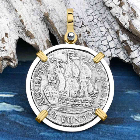 Dutch East India Company 1785 Silver 6 Stuiver Ship Shilling "I Struggle and Survive" 14K Gold & Sterling Silver Pendant