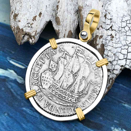 Dutch East India Company 1785 Silver 6 Stuiver Ship Shilling "I Struggle and Survive" 14K Gold & Sterling Silver Pendant