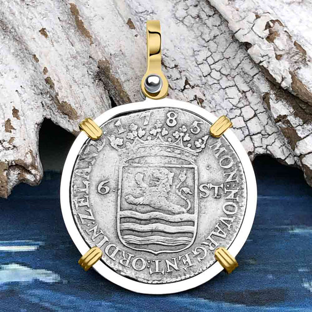 Dutch East India Company 1785 Silver 6 Stuiver Ship Shilling "I Struggle and Survive" 14K Gold & Sterling Silver Pendant
