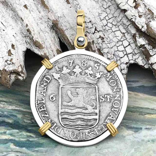 Dutch East India Company 1785 Silver 6 Stuiver Ship Shilling "I Struggle and Survive" 14K Gold & Sterling Silver Pendant