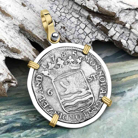 Dutch East India Company 1785 Silver 6 Stuiver Ship Shilling "I Struggle and Survive" 14K Gold & Sterling Silver Pendant