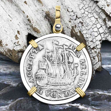 Dutch East India Company 1753 Silver 6 Stuiver Ship Shilling "I Struggle and Survive" 14K Gold & Sterling Silver Pendant