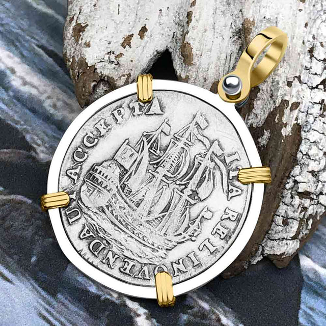 Dutch East India Company 1753 Silver 6 Stuiver Ship Shilling "I Struggle and Survive" 14K Gold & Sterling Silver Pendant
