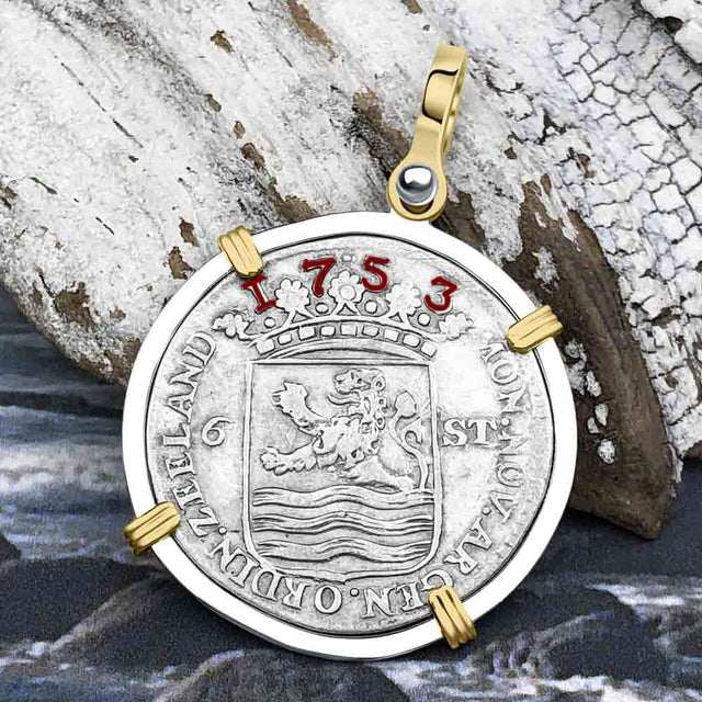 Dutch East India Company 1753 Silver 6 Stuiver Ship Shilling "I Struggle and Survive" 14K Gold & Sterling Silver Pendant