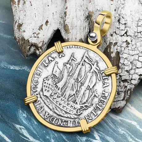 Dutch East India Company 1766 Silver 6 Stuiver Ship Shilling "I Struggle and Survive" 14K Gold Pendant